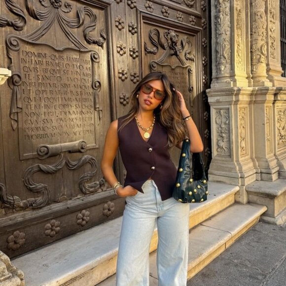 ZARA BASIC KNIT GOLD BUTTON TOP - Picture 2 of 8